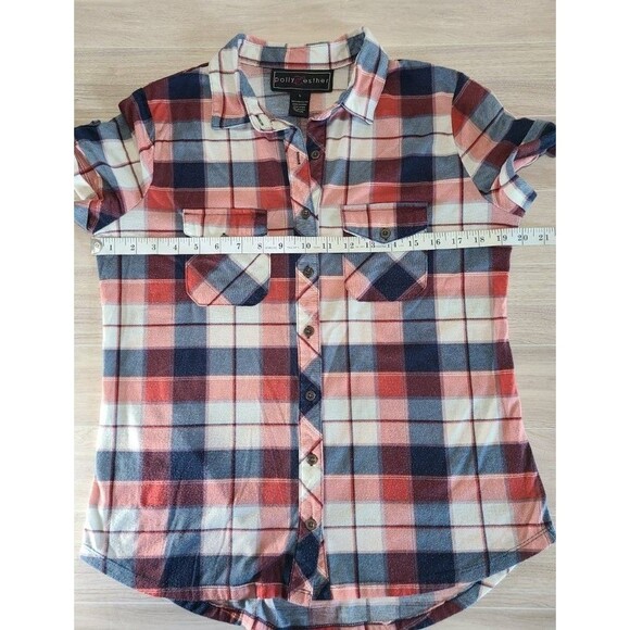 Polly Esther Plaid Shirt L – Red Blue Check, Short Sleeve Button-Up - Picture 4 of 6